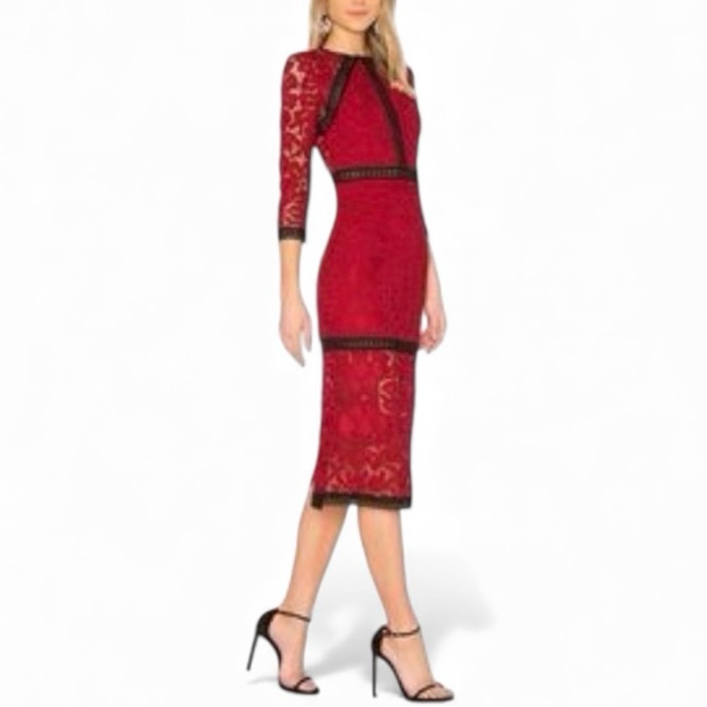EUC Alexis Randie 3/4 Sleeve Lace Midi Dress In Red - Size S - Picture 3 of 12